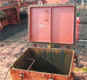 Hatch cover maintenance - evidence of water ingress at the cargo hold entrance hatch and the hatch coaming.
